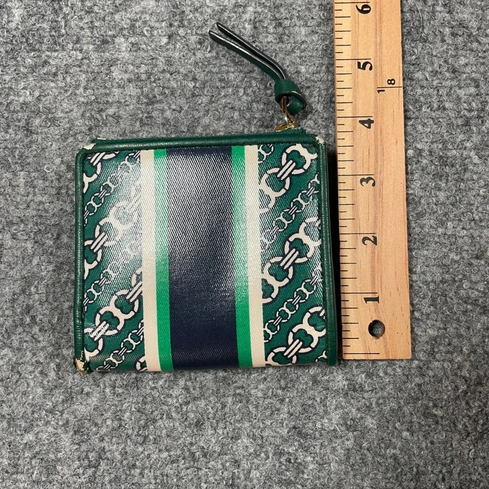 Tory Burch Gemini Link Bifold Wallet Womens Small Green Navy Striped Leather